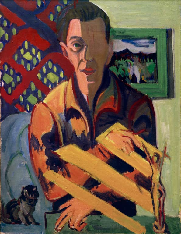 Selbstporträt des Malers mit Holzlatten in den Händen, links ein Hund – Ernst Ludwig Kirchner Selbstbildnis Kunstkopie