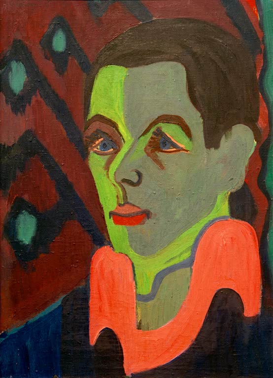 Grünliches Männergesicht mit orangeroter Halskrause vor gemustertem Grund – Ernst Ludwig Kirchner Selbstbildnis Kunstkopie