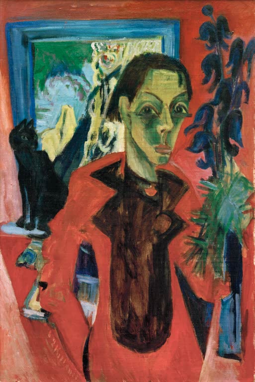 Mann in roter Jacke vor Fenster, links sitzt eine schwarze Katze – Ernst Ludwig Kirchner Selbstporträt mit Katze Kunstkopie
