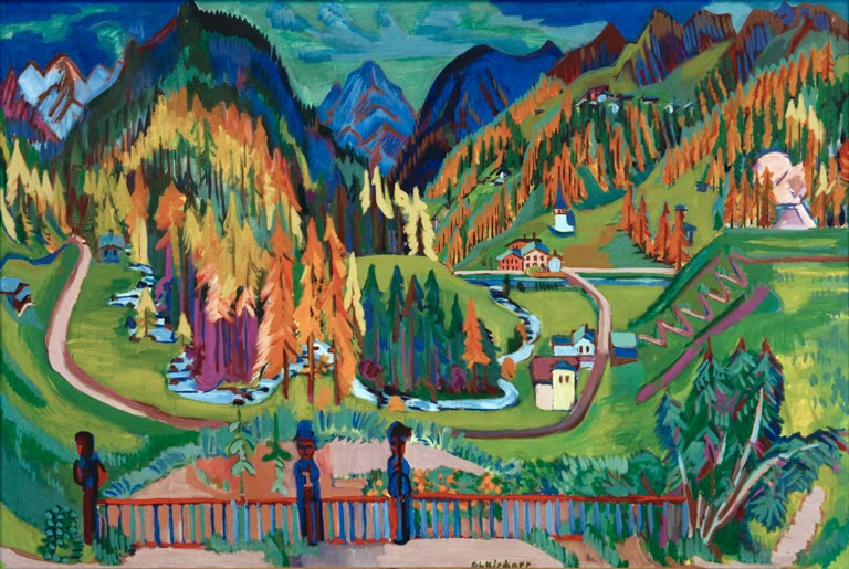Herbstliches Tal mit Dorf und Weg, vorn drei Menschen am Geländer – Ernst Ludwig Kirchner Sertigtal im Herbst Kunstkopie