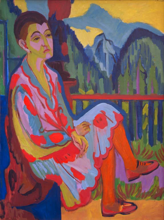 Sitzende Frau in geblümtem Kleid vor Bergen – Ernst Ludwig Kirchner Sitzende Dame (Erna Kirchner) Kunstkopie