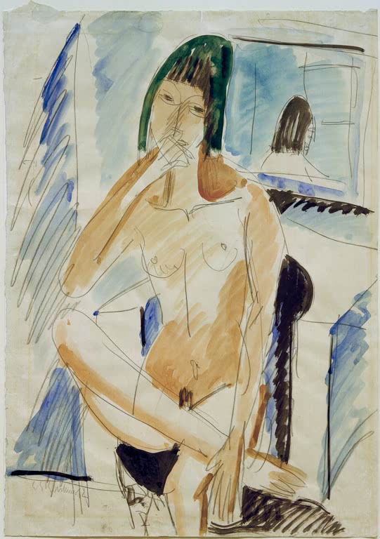 Sitzender Akt mit Pagenkopf, aquarelliert – Ernst Ludwig Kirchner Sitzender Akt im blauen Sessel Kunstkopie