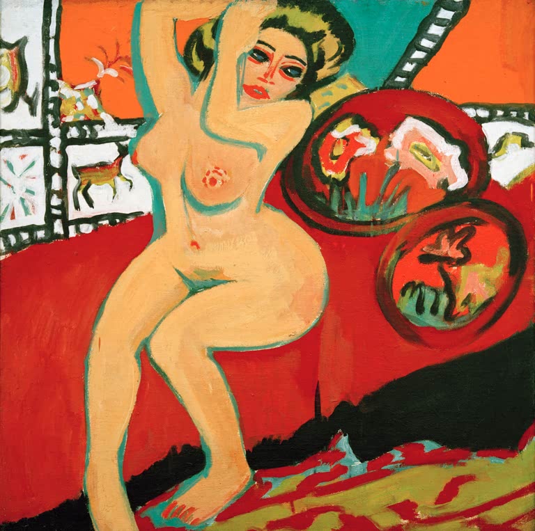 Sitzender Akt mit erhobenen Armen auf rotem Sofa – Ernst Ludwig Kirchner Sitzender Akt mit erhobenen Armen Kunstkopie