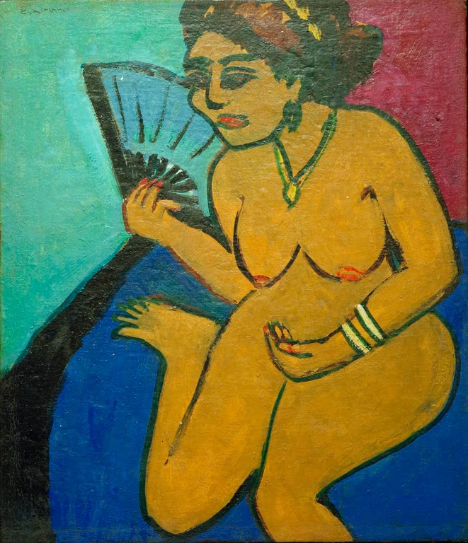 Sitzender gelbbrauner Akt mit Fächer vor Türkis und Blau – Ernst Ludwig Kirchner Sitzender Akt mit Fächer Kunstkopie