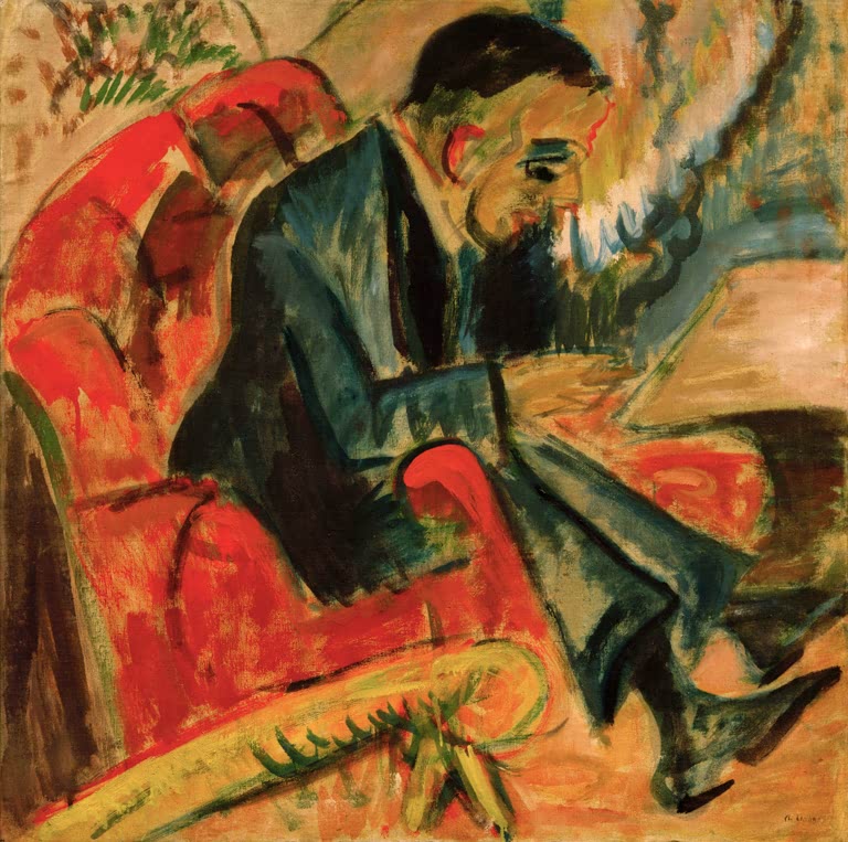 Bärtiger Mann in dunklem Anzug sitzt auf roter Parkbank – Ernst Ludwig Kirchner Sitzender Mann auf Parkbank Kunstkopie