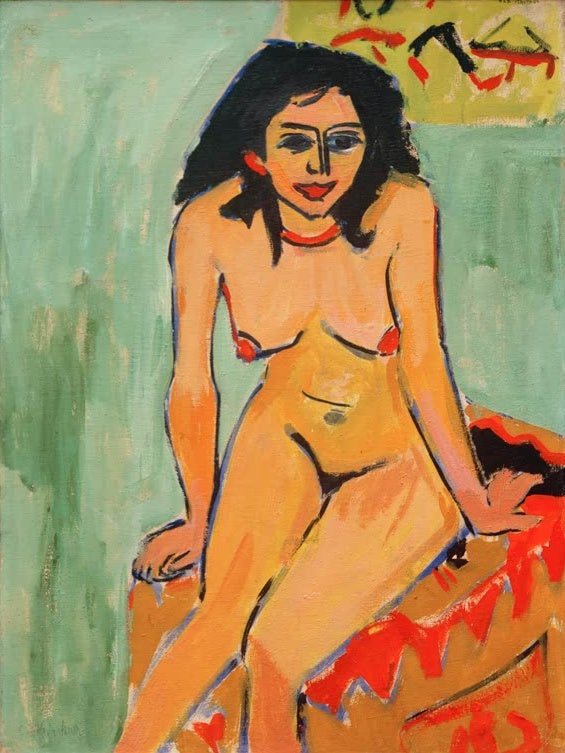 Ernst Ludwig Kirchner Sitzender schwarzhaariger Mädchenakt Kunstkopie, junge Frau mit schwarzem Haar auf roter Decke sitzend
