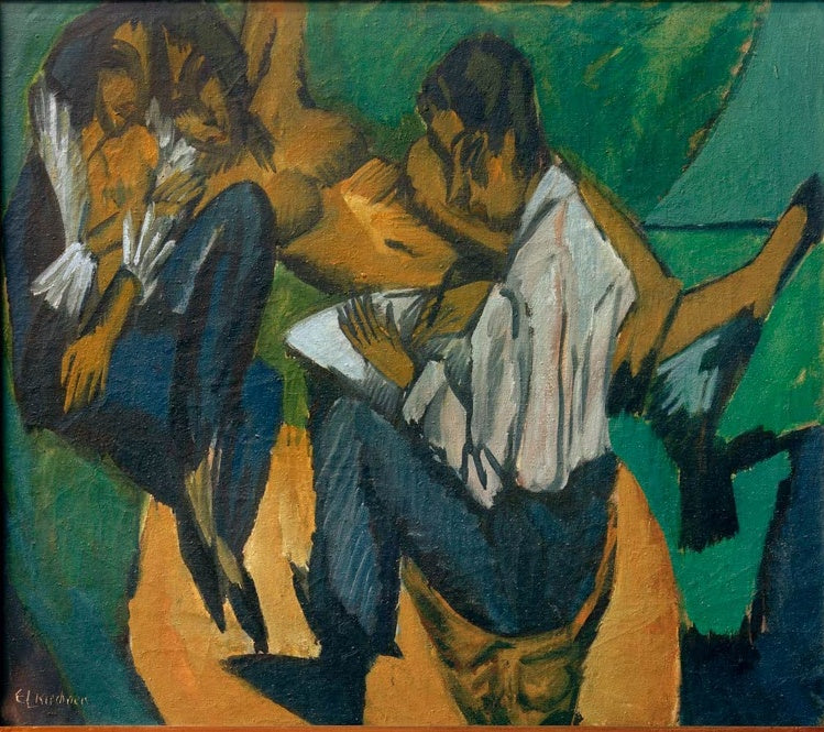 Zwei sitzende Männer mit Skizzenblock in dunklen Anzügen – Ernst Ludwig Kirchner Skizzierender Künstler Kunstkopie