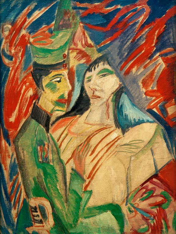 Soldat neben einer hellen Frauengestalt – Ernst Ludwig Kirchner Soldat und Mädchen zwischen bunten Vorhängen Kunstkopie