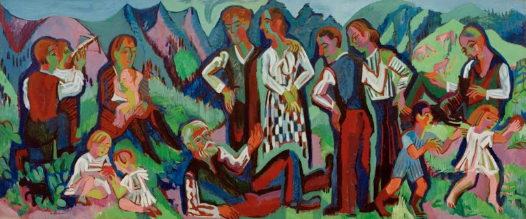 Bauern und spielende Kinder auf bunter Bergwiese – Ernst Ludwig Kirchner Sonntag der Bergbauern Kunstkopie