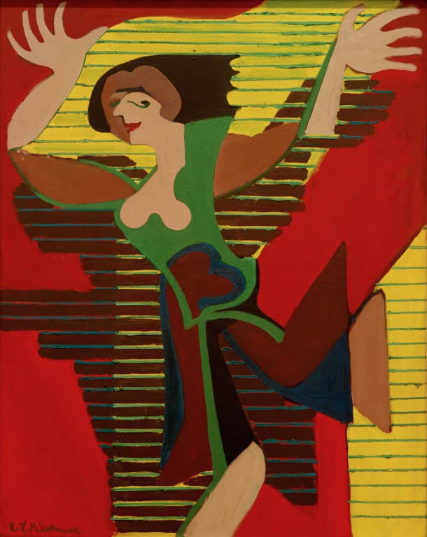 Tänzerin mit erhobenen Armen vor rot-gelbem Grund – Ernst Ludwig Kirchner Springende Tänzerin. Gret Palucca Kunstkopie