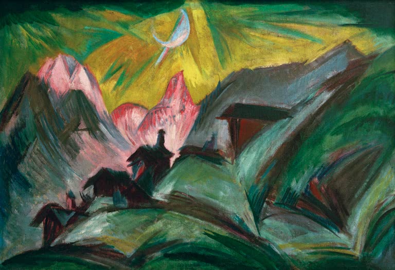 Mondsichel über rosa Gipfeln, Hütten und dunkle Hänge – Ernst Ludwig Kirchner Stafelalp bei Mondschein Kunstkopie