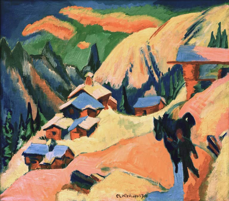 Verschneite Hütten am Hang, dunkle Figur auf dem Weg – Ernst Ludwig Kirchner Stafelalp im Schnee Kunstkopie