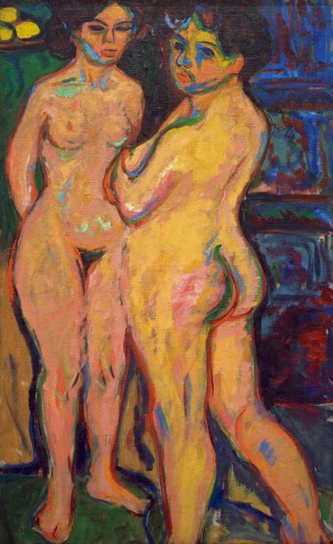 Zwei stehende nackte Mädchen vor einem Ofen – Ernst Ludwig Kirchner Stehende nackte Mädchen am Ofen Kunstkopie