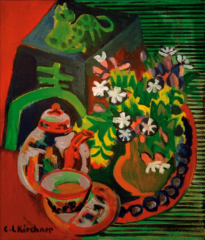 Teekanne und Schale vor Blumenstrauß auf rotem Grund – Ernst Ludwig Kirchner Stilleben mit chinesischem Porzellan Kunstkopie