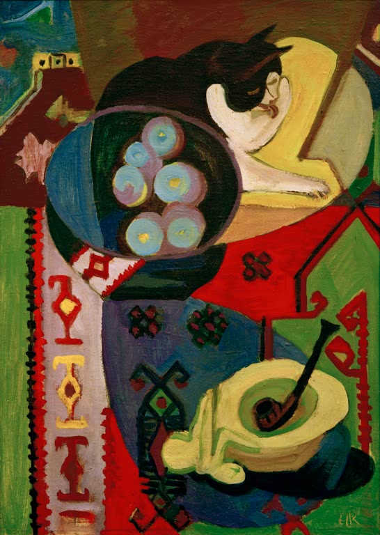 Katze, Obstschale und Pfeife auf gemustertem Teppich – Ernst Ludwig Kirchner Stilleben mit Katze und Pfeife Kunstkopie