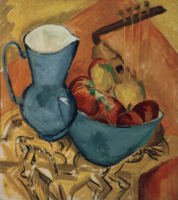 Blauer Krug und Schale mit Äpfeln, dahinter eine Laute – Ernst Ludwig Kirchner Stilleben mit Krug Kunstkopie
