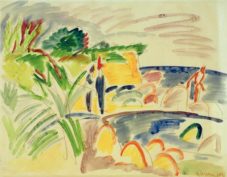 Strand mit Büschen, Felsen und Badenden in leuchtendem Aquarell – Ernst Ludwig Kirchner Strandszene auf Fehmarn Kunstkopie