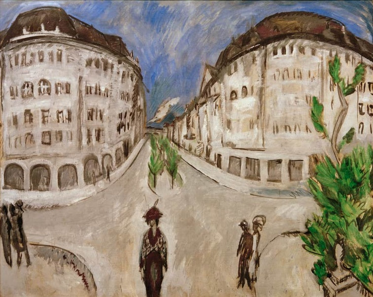 Weite Straße zwischen hellen Eckhäusern, eine Frau davor – Ernst Ludwig Kirchner Straße am Stadtpark Schöneberg Kunstkopie