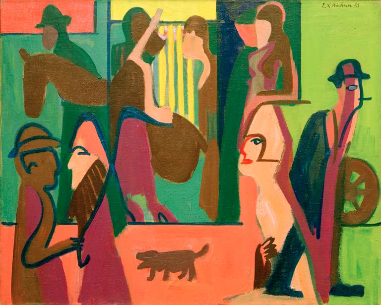 Figuren, Hund und Handwagen auf einer Straße in der Dämmerung – Ernst Ludwig Kirchner Straße in der Dämmerung Kunstkopie