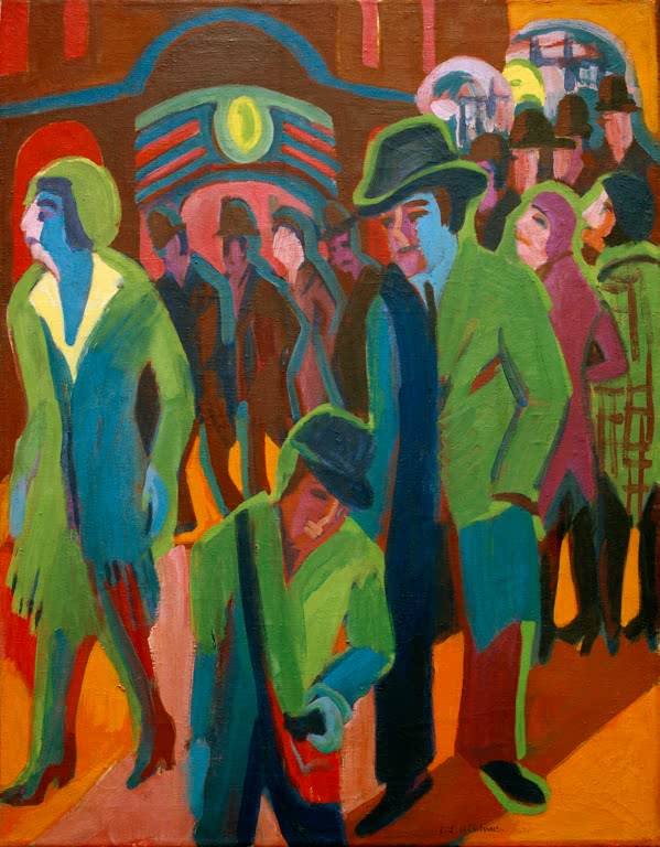 Passanten in Grün und Blau bei Nacht – Ernst Ludwig Kirchner Straße mit Passanten bei Nachtbeleuchtung Kunstkopie