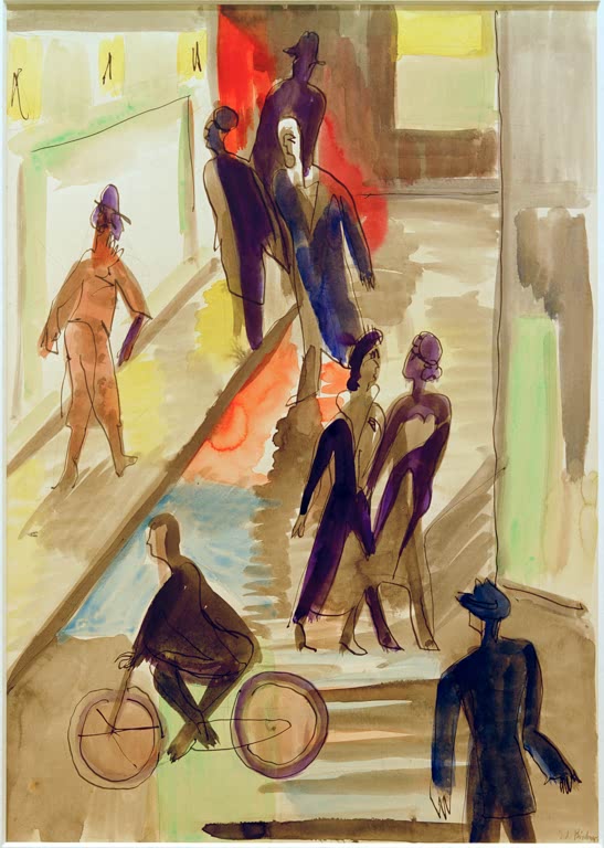 Passanten auf einer Straße, vorn ein Radfahrer – Ernst Ludwig Kirchner Straßenszene mit Fahrradfahrer Kunstkopie