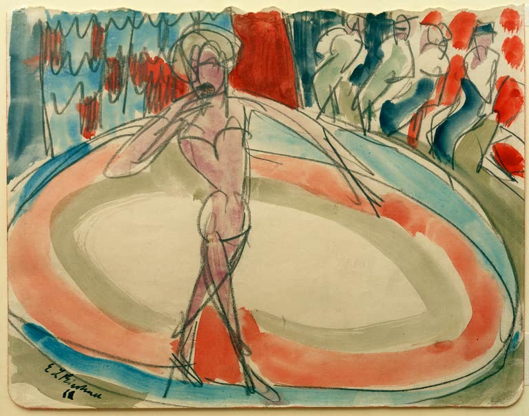 Tänzerin in Rosa in einer ovalen Manege vor Publikum – Ernst Ludwig Kirchner Tänzerin im Varieté Kunstkopie