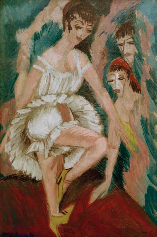 Tänzerin in weißem Tüllkleid beugt sich vor, dahinter weitere Gesichter – Ernst Ludwig Kirchner Tänzerin Kunstkopie