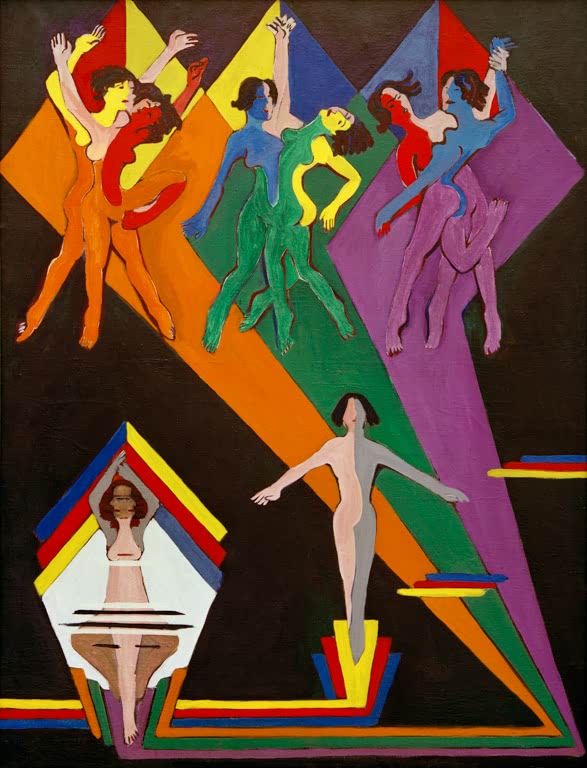 Tanzende Mädchen in bunten Lichtstrahlen – Ernst Ludwig Kirchner Tanzende Mädchen in farbigen Strahlen Kunstkopie