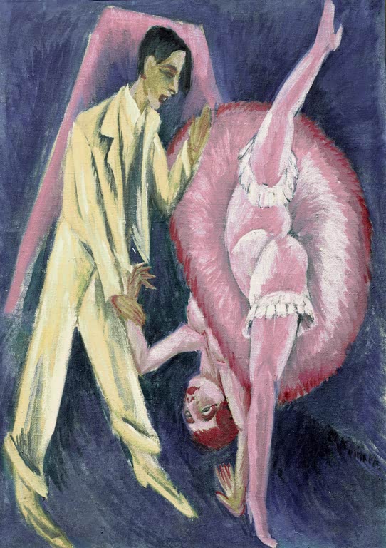 Mann im hellen Anzug führt eine kopfüber gebeugte Tänzerin in rosa Tüll – Ernst Ludwig Kirchner Tanzpaar Kunstkopie
