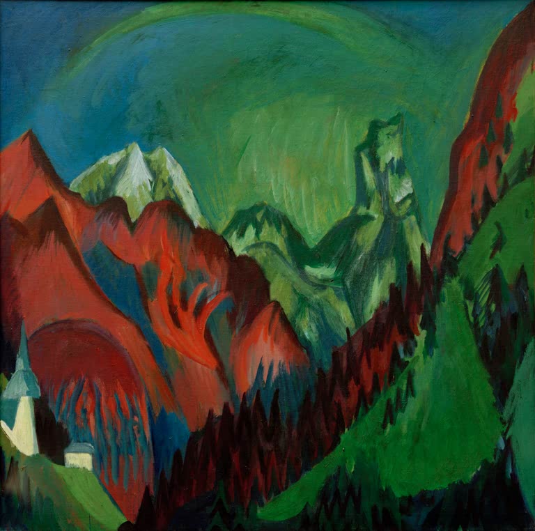 Rote und grüne Berghänge um ein Tal, links eine Kirche – Ernst Ludwig Kirchner Tinzenhorn Kunstkopie