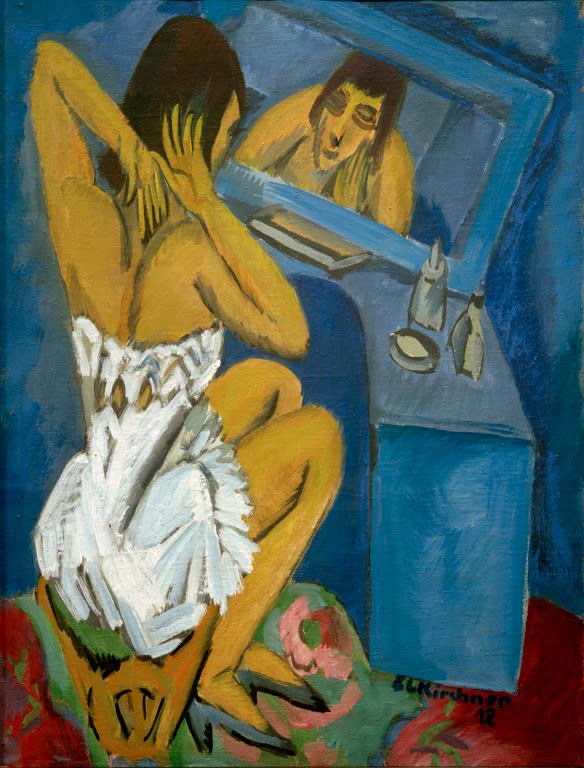 Frau im weißen Unterkleid sitzt vor einem Spiegel – Ernst Ludwig Kirchner Toilette; Frau vor dem Spiegel Kunstkopie