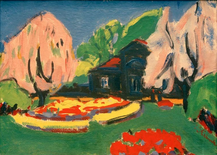 Gartenhaus zwischen rosa Bäumen mit leuchtenden Blumenbeeten – Ernst Ludwig Kirchner Torhaus an der Hauptallee Kunstkopie