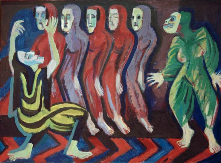 Sieben maskenhafte Gestalten tanzen in einer Reihe – Ernst Ludwig Kirchner Totentanz der Mary Wigman Kunstkopie