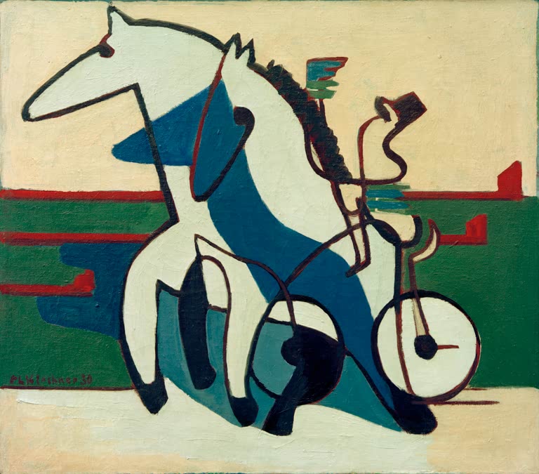 Weißes und blaues Pferd ziehen einen Traberwagen auf der Rennbahn – Ernst Ludwig Kirchner Trabergespann Kunstkopie