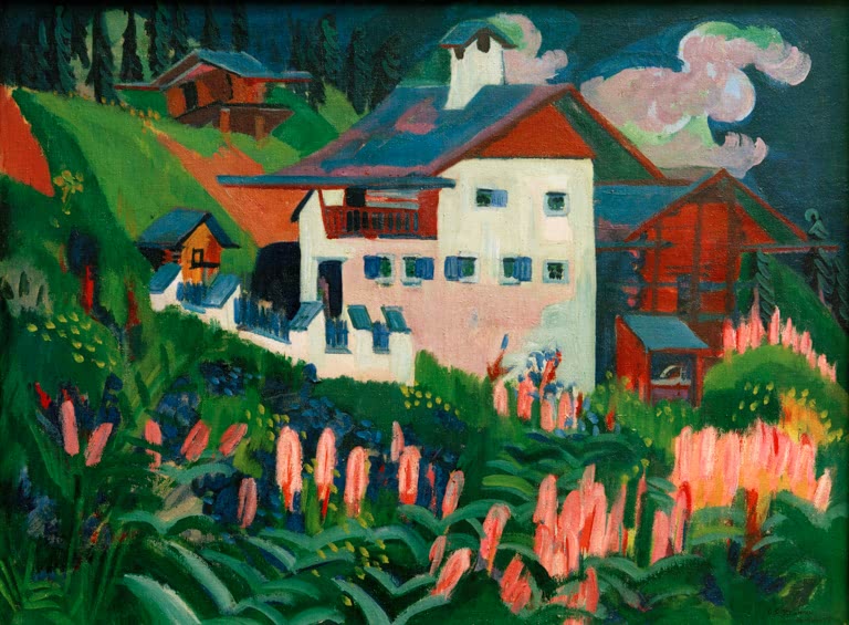Weißes Haus am Hang zwischen rosa Lupinen und grünen Wiesen – Ernst Ludwig Kirchner Unser Haus in den Wiesen Kunstkopie