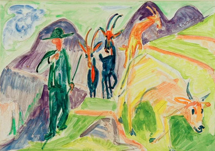 Ernst Ludwig Kirchner Vieh und Hirte auf der Alm Kunstkopie, Hirte mit Ziegenherde vor violetten Bergen im Grünen