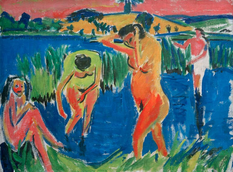 Badende Akte in einem blauen See zwischen Schilf und Hügeln – Ernst Ludwig Kirchner Vier Badende Kunstkopie