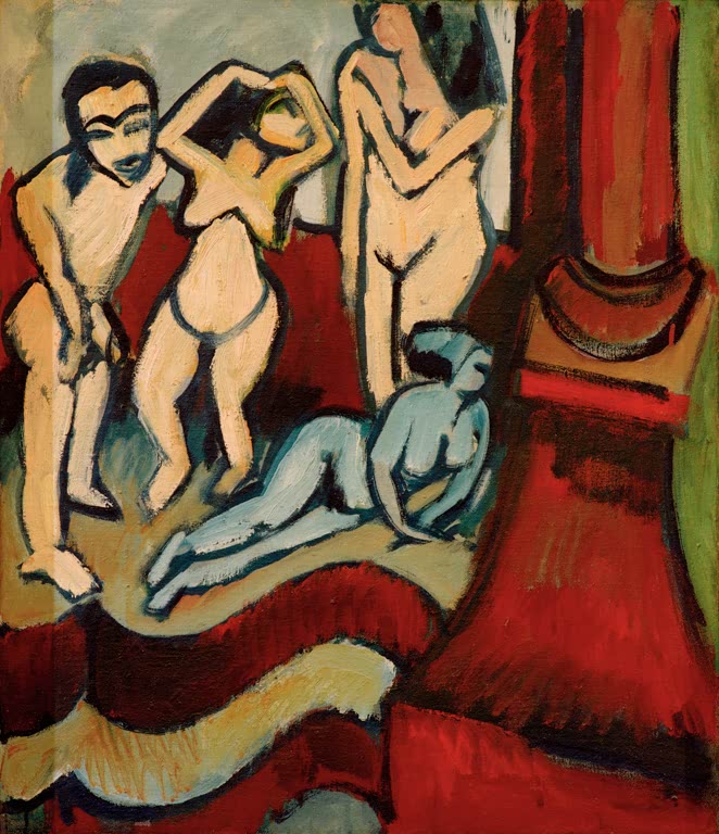 Vier nackte Figuren in einem roten Raum, eine davon blau liegend – Ernst Ludwig Kirchner Vier Holzplastiken Kunstkopie
