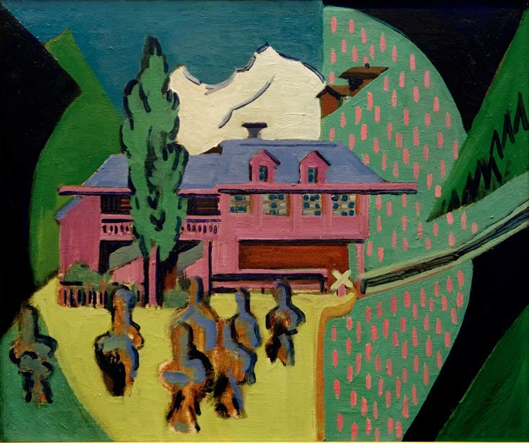 Rosa Haus mit blauem Dach vor Bergen, davor Figuren – Ernst Ludwig Kirchner Violettes Haus vor Schneeberg Kunstkopie