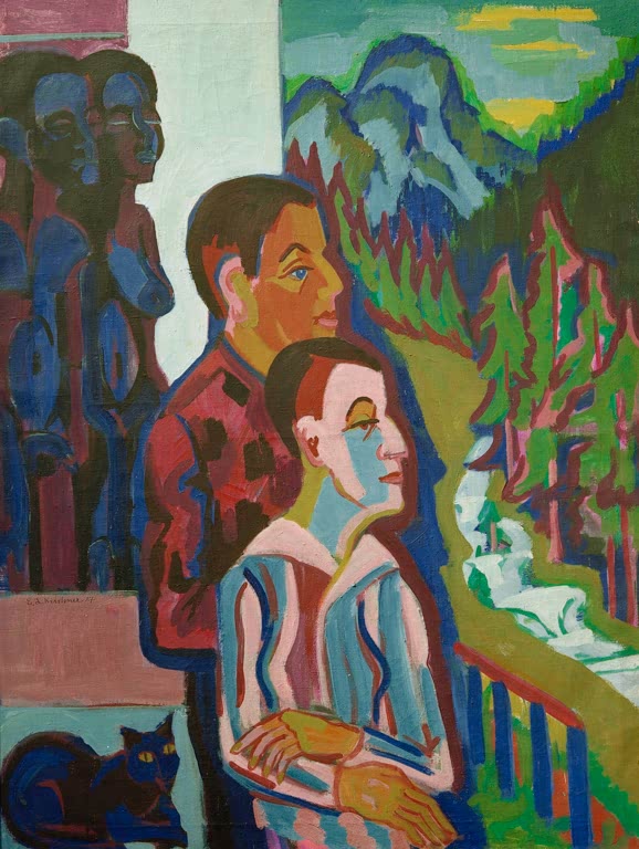 Paar am Geländer vor Bergtal mit Bach, links stehende Figuren – Ernst Ludwig Kirchner Vor Sonnenaufgang Kunstkopie