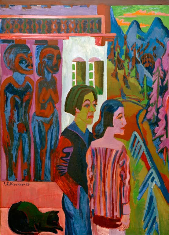 Zwei Menschen vor Haus und Bergen, links zwei Skulpturen, unten Katze – Ernst Ludwig Kirchner Vor Sonnenaufgang Kunstkopie