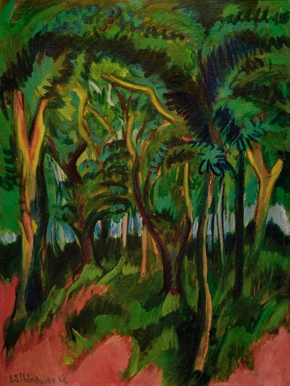 Dichter Wald mit grünen Kronen und rosafarbenem Boden – Ernst Ludwig Kirchner Waldinneres mit rosa Vordergrund Kunstkopie