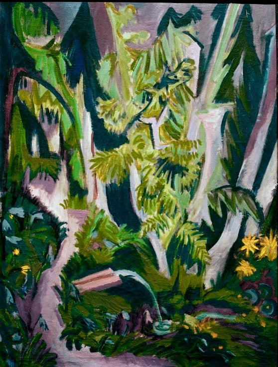 Heller Waldboden mit weißen Stämmen, Farn und gelben Blüten – Ernst Ludwig Kirchner Waldinneres Kunstkopie