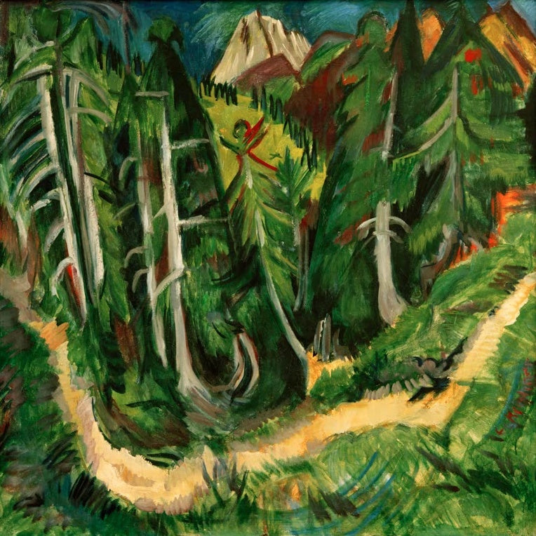 Gewundener gelber Pfad durch steilen Tannenwald, Gipfel dahinter – Ernst Ludwig Kirchner Waldschlucht Stafel Kunstkopie