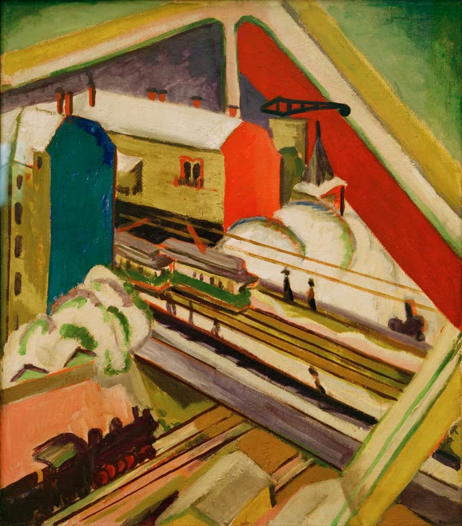 Blick aus dem Atelierfenster auf Gleise, Zug und bunte Häuserblöcke – Ernst Ludwig Kirchner Wannseebahn Kunstkopie