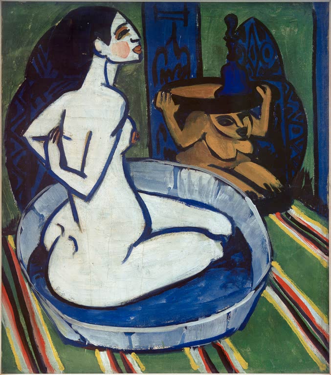 Nackte Frau sitzt im blauen Zuber, Blick auf Rücken und Profil – Ernst Ludwig Kirchner Weiblicher Akt im Tub Kunstkopie