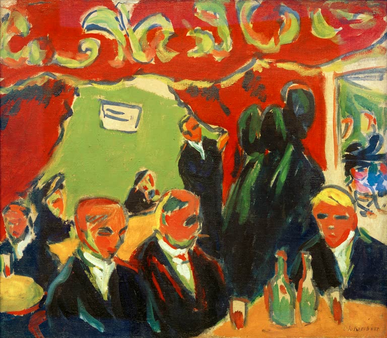 Männer mit Flaschen am Tisch in roter Wirtsstube mit grüner Wand – Ernst Ludwig Kirchner Weinstube Kunstkopie