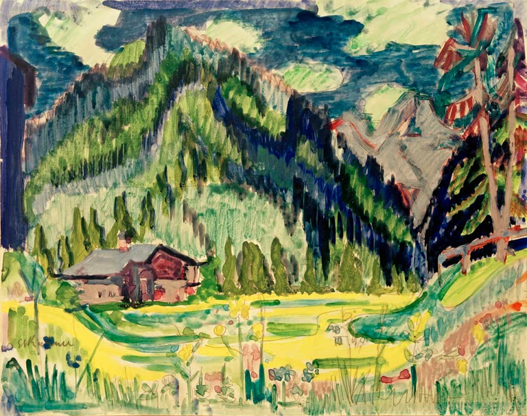 Almhütte auf gelber Wiese unter bewaldeten Bergen – Ernst Ludwig Kirchner Wildboden Kunstkopie
