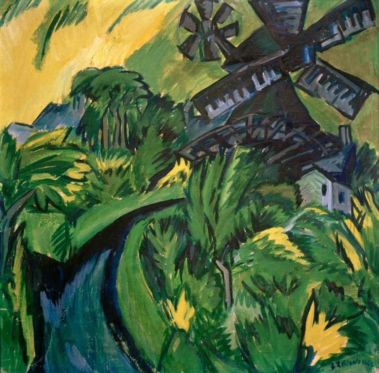 Windmühle über dichtem grünem Bewuchs, daneben ein kleines Haus – Ernst Ludwig Kirchner Windmühle auf Fehmarn Kunstkopie
