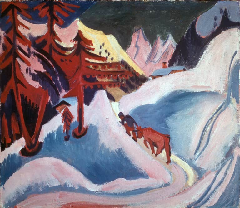 Verschneite Hänge mit roten Tannen, ein Mann führt ein Rind – Ernst Ludwig Kirchner Winter in Davos Kunstkopie